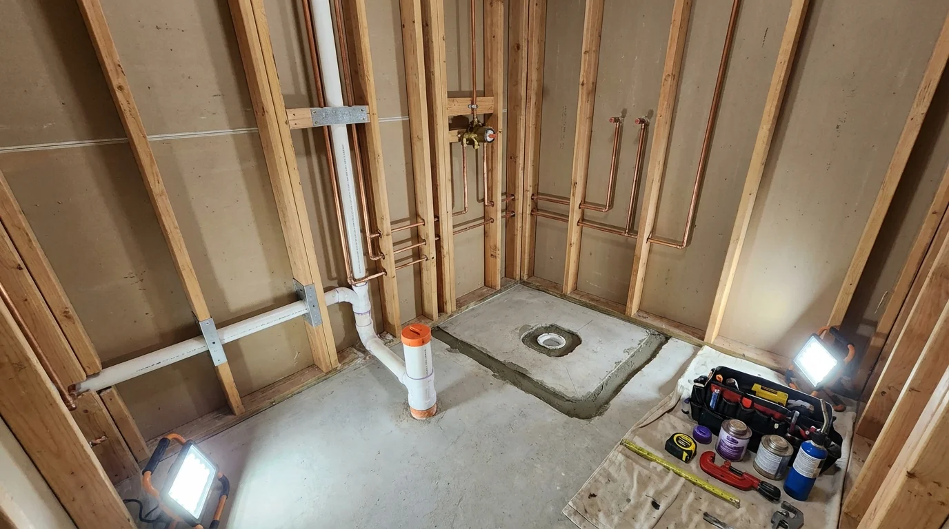 Bathroom rough-in plumbing during remodel by Johns Plumbing LLC in Vergennes