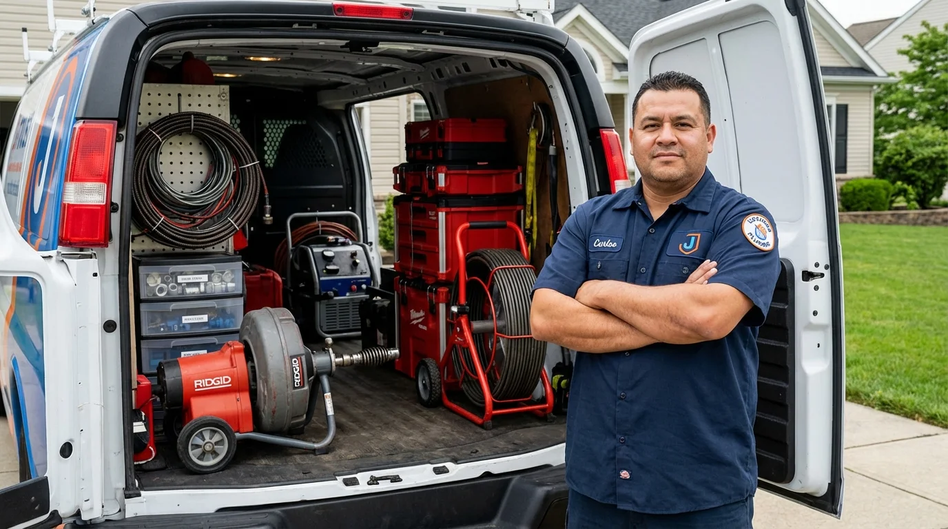 Professional drain cleaning equipment and Johns Plumbing LLC plumber in Vergennes