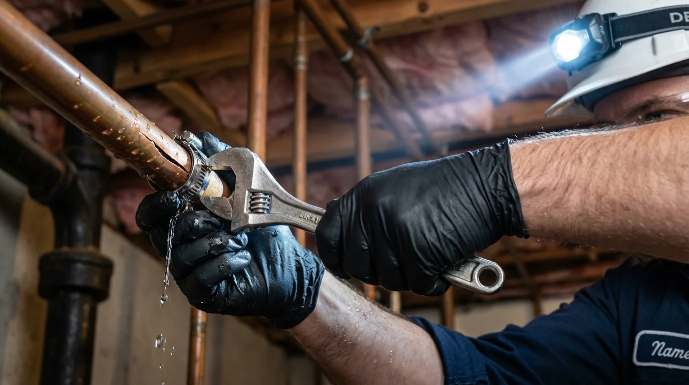 Emergency pipe clamp repair being performed by a Johns Plumbing LLC plumber in Vergennes