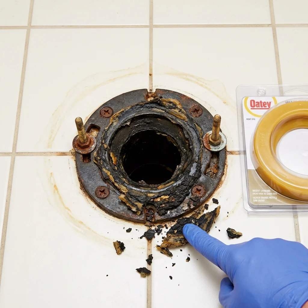 Failed wax ring showing water seepage at the base of a toilet in a Vergennes, VT home
