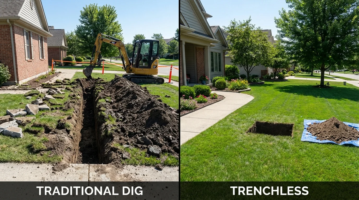 Trenchless sewer repair with minimal yard damage versus traditional excavation in Vergennes, VT