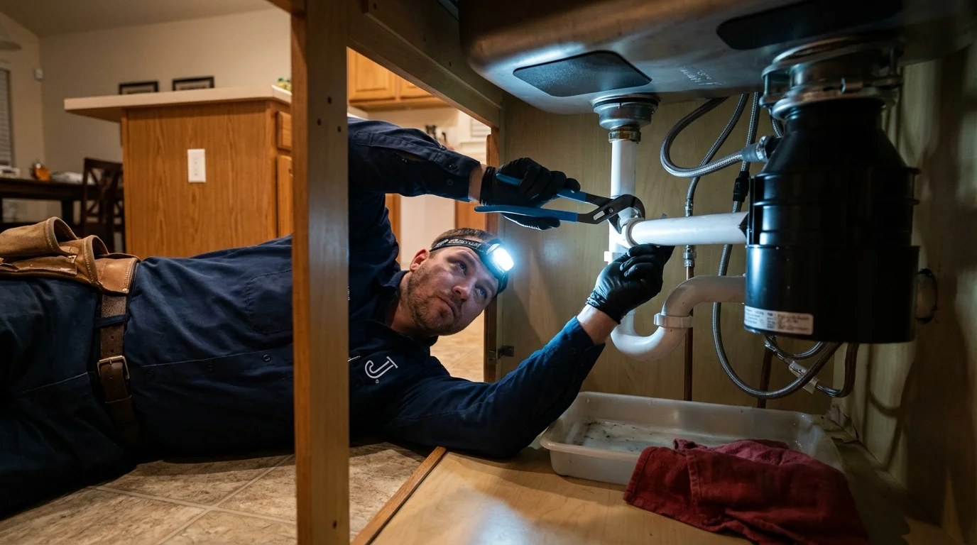 P-trap and supply line connections under a kitchen sink showing a common leak point in Vergennes, VT